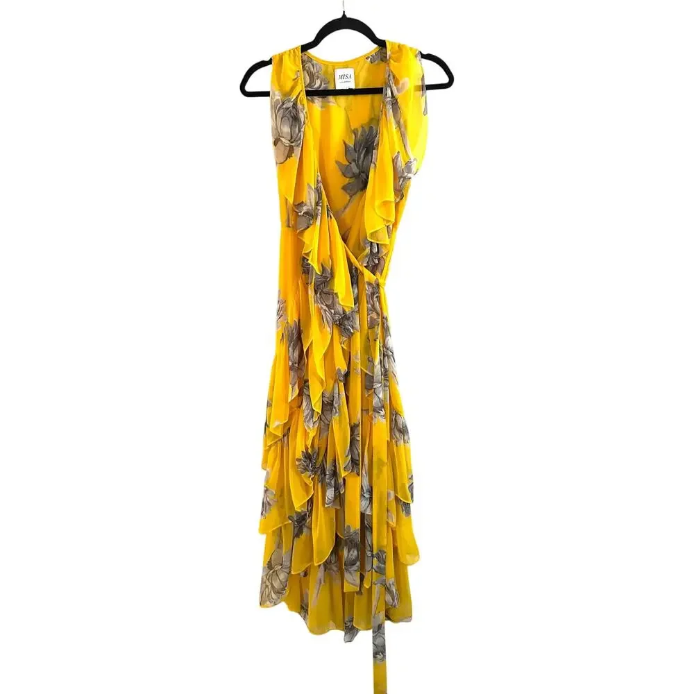 MISA Los Angeles Ilune Yellow Romantic Ruffle Floral Wrap Midi Dress - Sz Small - Picture 4 of 6